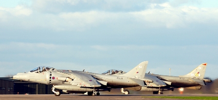 Harrier GR9s of the recently disbanded Naval Strike Wing take off at RNAS Yeovilton after a farewell visit to their old home base. Photo: Nick Newns.