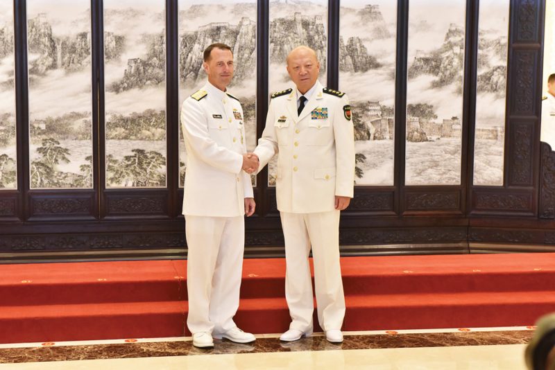 US Chief of Naval Operations (CNO) Admiral John Richardson meets with Admiral Wu Shengli, Commander of the People’s Liberation Army Navy (PLAN), at the naval headquarters in Beijing. Photo: US Navy.